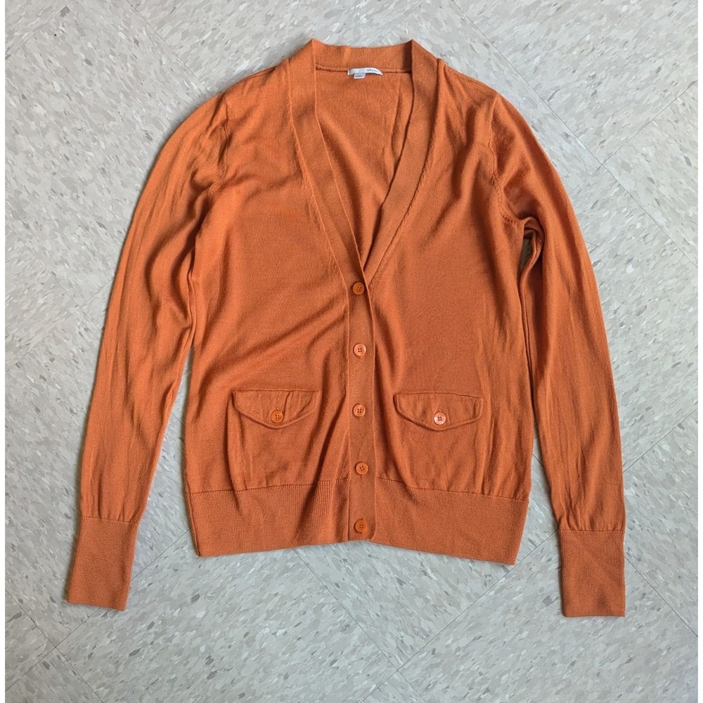 Halogen Pumpkin Orange 100% Merino Wool Cardigan Sweater Medium Fall Office